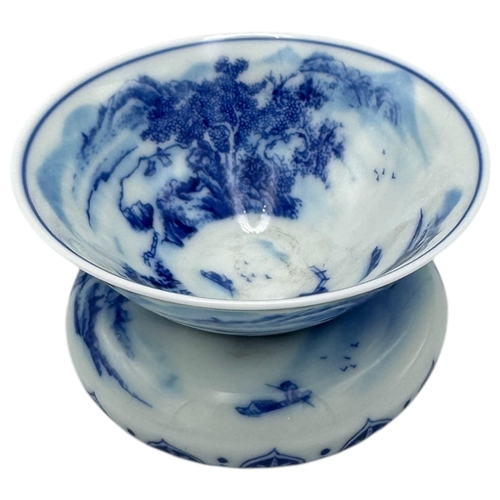 1065 - A Chinese Blue and White Porcelain Bowl and Stand. Hand-painted landscape scenes, featuring an open ... 