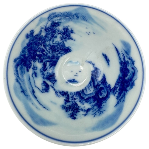 1065 - A Chinese Blue and White Porcelain Bowl and Stand. Hand-painted landscape scenes, featuring an open ... 