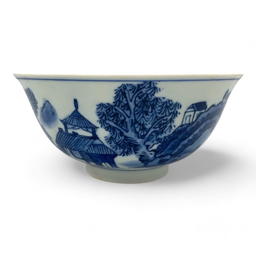 1478 - An antique Chinese Qing Dynasty Kangxi Period Blue and White Porcelain Bowl. Hand-painted landscape ... 