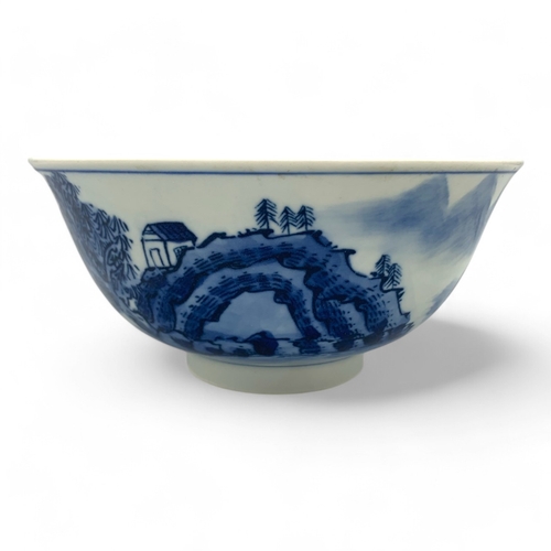 1478 - An antique Chinese Qing Dynasty Kangxi Period Blue and White Porcelain Bowl. Hand-painted landscape ... 