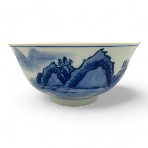 1478 - An antique Chinese Qing Dynasty Kangxi Period Blue and White Porcelain Bowl. Hand-painted landscape ... 