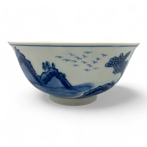 1478 - An antique Chinese Qing Dynasty Kangxi Period Blue and White Porcelain Bowl. Hand-painted landscape ... 