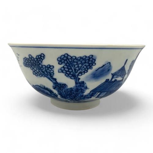 1478 - An antique Chinese Qing Dynasty Kangxi Period Blue and White Porcelain Bowl. Hand-painted landscape ... 