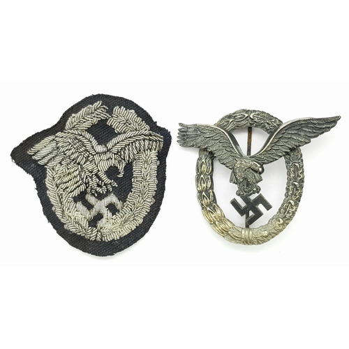 18 - A WW2 Luftwaffe Pilots qualification badges in metal and cloth. The metal pilots badge bears the Mak... 