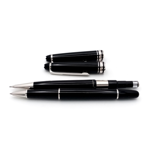 187 - Two Montblanc Pens with Leather Case. Ballpoint and pencil. Classic black lacquer decoration. Origin... 