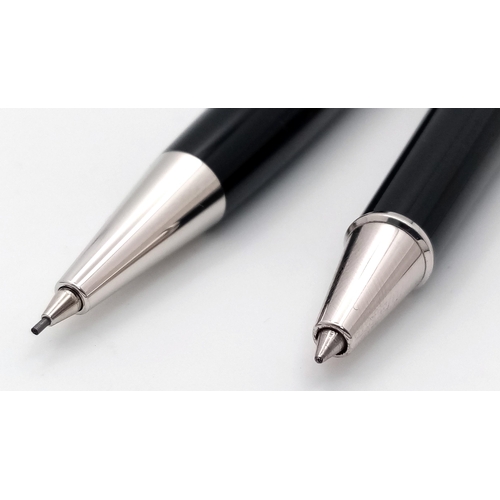 187 - Two Montblanc Pens with Leather Case. Ballpoint and pencil. Classic black lacquer decoration. Origin... 