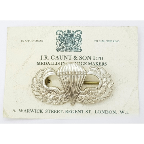 214 - A WW2 Silver Plated US Paratroopers Wings Made by J.R Gaunt & Sons London. On original card.