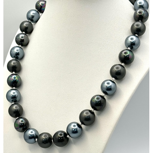 428 - A South Sea Dark Grey and Blue Metallic Pearl Shell Necklace. Large 14mm beads. 42cm length