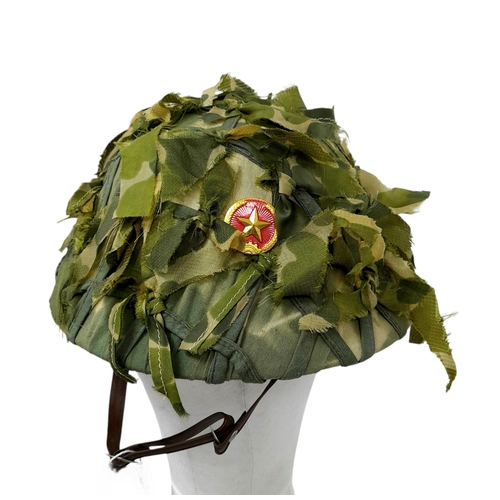 500 - A Vietnam War Era North Vietnamese M60 Fibre Helmet and liner with Rainy Season Cam Cover.