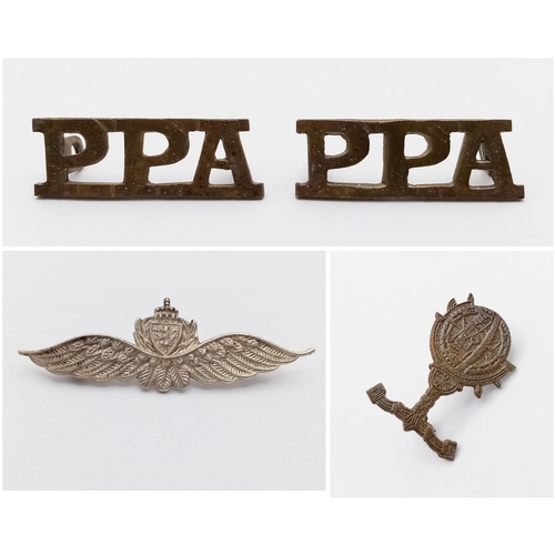 53 - A WW2 Popski’s Private Army Cap Badge, Shoulder Titles & Silver Parachute Wings.