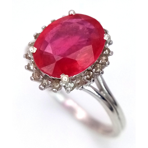 554 - A 3ct Ruby Gemstone Ring with 0.30ct Diamond Accents. Set in 925 Silver. Size P 1/2. CD-1679