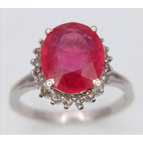 554 - A 3ct Ruby Gemstone Ring with 0.30ct Diamond Accents. Set in 925 Silver. Size P 1/2. CD-1679