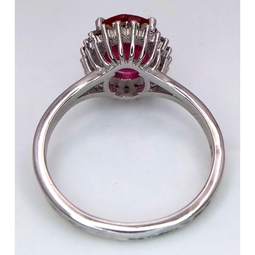 554 - A 3ct Ruby Gemstone Ring with 0.30ct Diamond Accents. Set in 925 Silver. Size P 1/2. CD-1679