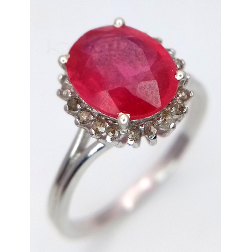 554 - A 3ct Ruby Gemstone Ring with 0.30ct Diamond Accents. Set in 925 Silver. Size P 1/2. CD-1679