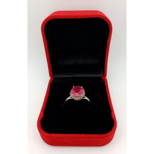 554 - A 3ct Ruby Gemstone Ring with 0.30ct Diamond Accents. Set in 925 Silver. Size P 1/2. CD-1679