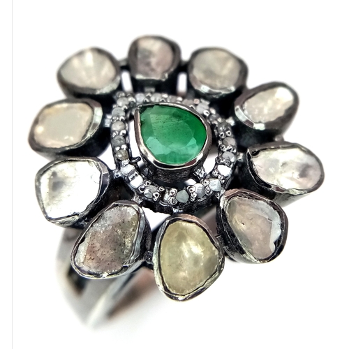 596 - An Emerald and Polki Diamond Ring set in 925 Silver. Size P. 8.7g total weight. 1.2ctw diamonds. CD-... 