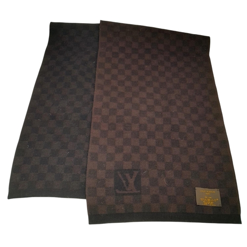 643 - Two Louis Vuitton Scarves. One is black soft cashmere features crystal embellishments forming Louis ... 