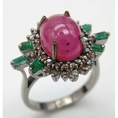 1298 - A 925 silver ring featuring a 4.35ct oval-cut ruby at the centre, surrounded by a vibrant halo of 0.... 