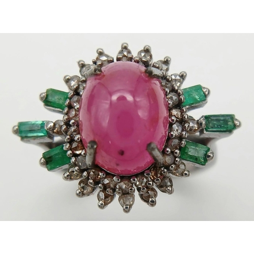 1298 - A 925 silver ring featuring a 4.35ct oval-cut ruby at the centre, surrounded by a vibrant halo of 0.... 