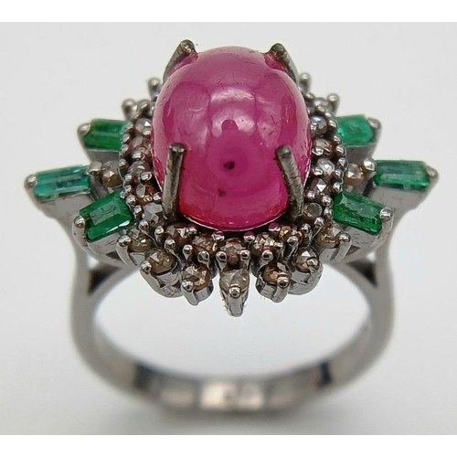 1298 - A 925 silver ring featuring a 4.35ct oval-cut ruby at the centre, surrounded by a vibrant halo of 0.... 