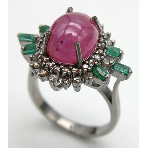 1298 - A 925 silver ring featuring a 4.35ct oval-cut ruby at the centre, surrounded by a vibrant halo of 0.... 