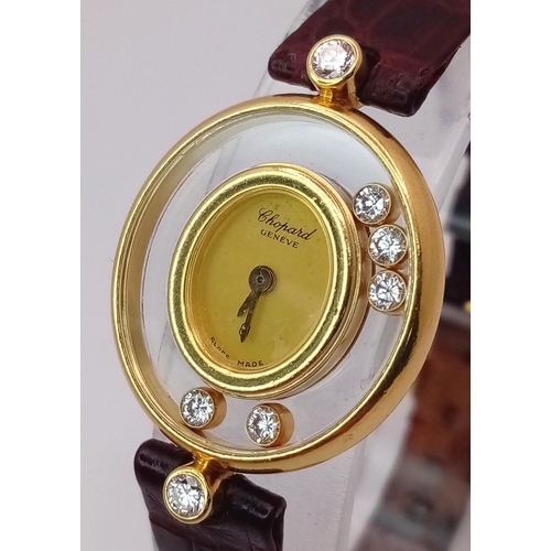 148 - A Vintage Chopard Happy Diamond Quartz Ladies Watch. Brown leather strap. 18K gold case with diamond... 