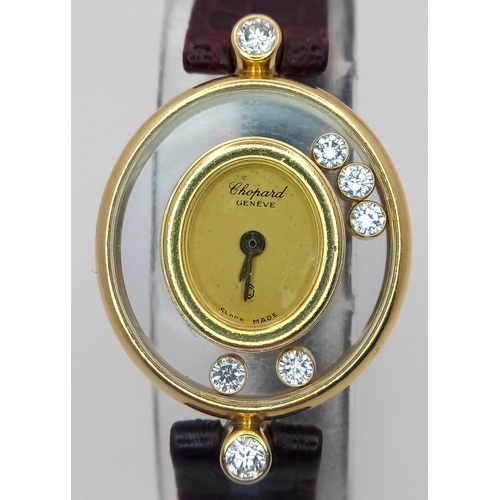 148 - A Vintage Chopard Happy Diamond Quartz Ladies Watch. Brown leather strap. 18K gold case with diamond... 