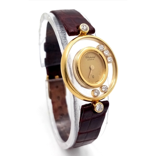 148 - A Vintage Chopard Happy Diamond Quartz Ladies Watch. Brown leather strap. 18K gold case with diamond... 