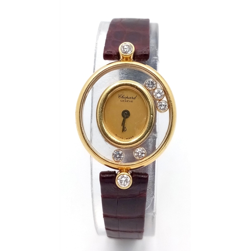 148 - A Vintage Chopard Happy Diamond Quartz Ladies Watch. Brown leather strap. 18K gold case with diamond... 