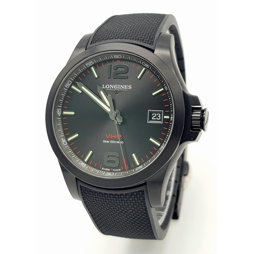 402 - A Longines Conquest V.H.P. Quartz Gents Watch. Rubber strap. PVD case - 42mm. Black dial with date w... 