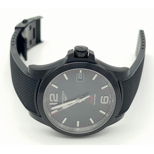 402 - A Longines Conquest V.H.P. Quartz Gents Watch. Rubber strap. PVD case - 42mm. Black dial with date w... 