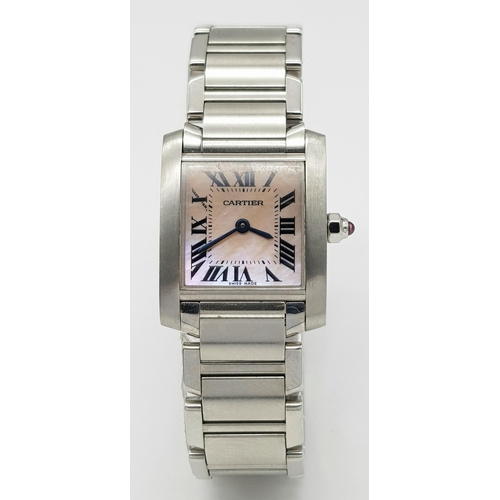 445 - A Cartier Tank Francaise Ladies Quartz Watch. Stainless steel  bracelet and case - 22mm. Mother of p... 