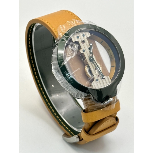 78 - A Verticale Mechanical Top Winder Gents Watch. Brown leather strap. Ceramic green skeleton case - 42... 