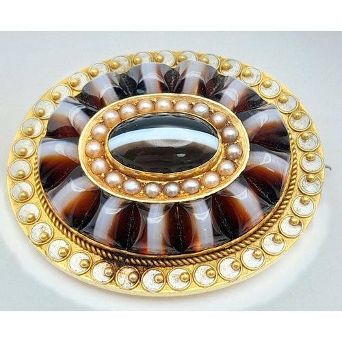 1311 - An Antique Victorian 15K Gold Banded Agate and Pearl Mourning Brooch. This mesmerising piece of jewe... 