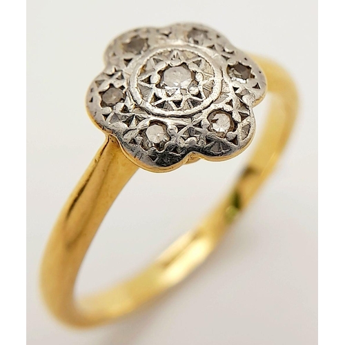 1376 - An Antique 18K Gold, Platinum, Diamond Cluster Ring. Floral form. Size P. 3.75g. Ref: 667501