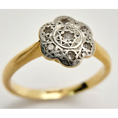 1376 - An Antique 18K Gold, Platinum, Diamond Cluster Ring. Floral form. Size P. 3.75g. Ref: 667501