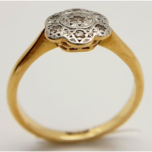 1376 - An Antique 18K Gold, Platinum, Diamond Cluster Ring. Floral form. Size P. 3.75g. Ref: 667501