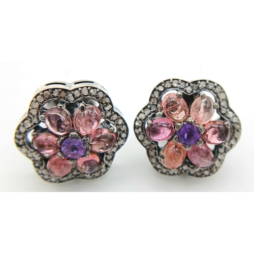 1389 - A pair of 925 silver stud earrings featuring tourmaline gemstones in a floral design, surrounded by ... 