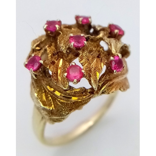 138 - A 14K YELLOW GOLD (TESTED AS) RUBY LEAF RING, 0.21CT RUBY WEIGHT, 7.4G TOTAL WEIGHT, SIZE M 1/2. REF... 