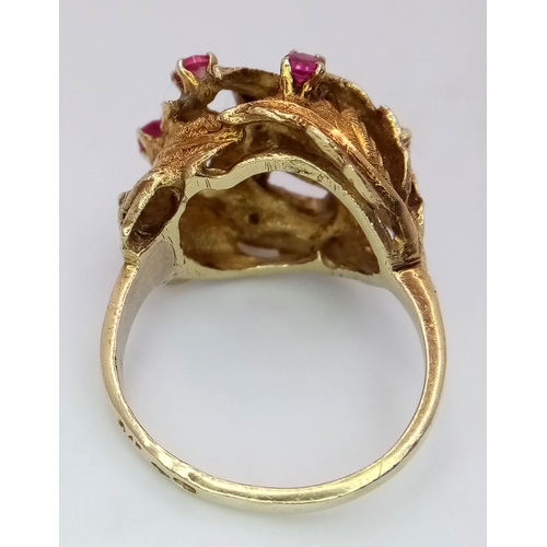 138 - A 14K YELLOW GOLD (TESTED AS) RUBY LEAF RING, 0.21CT RUBY WEIGHT, 7.4G TOTAL WEIGHT, SIZE M 1/2. REF... 