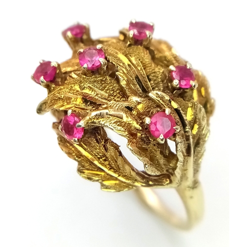 138 - A 14K YELLOW GOLD (TESTED AS) RUBY LEAF RING, 0.21CT RUBY WEIGHT, 7.4G TOTAL WEIGHT, SIZE M 1/2. REF... 