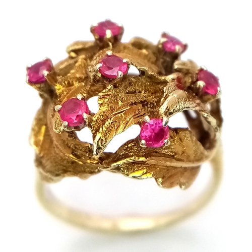 138 - A 14K YELLOW GOLD (TESTED AS) RUBY LEAF RING, 0.21CT RUBY WEIGHT, 7.4G TOTAL WEIGHT, SIZE M 1/2. REF... 