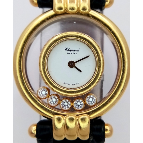 184 - A Chopard Happy Diamonds 18K Gold Quartz Ladies Watch. Black leather strap. 18K gold case - 26mm. Wh... 