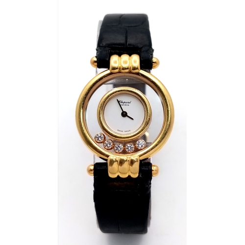 184 - A Chopard Happy Diamonds 18K Gold Quartz Ladies Watch. Black leather strap. 18K gold case - 26mm. Wh... 