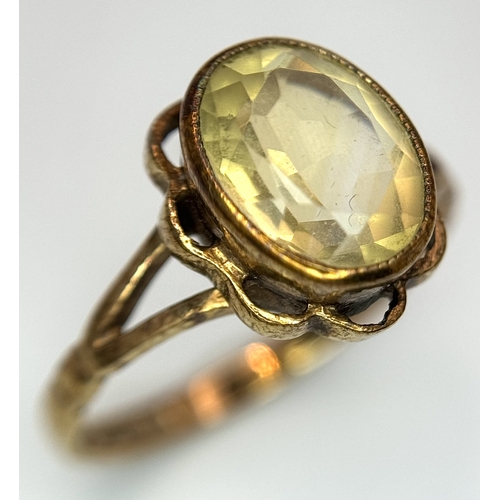 306 - A 9K YELLOW GOLD CITRINE VINTAGE RING, 9X7MM STONE SIZE, 2.4G TOTAL WEIGHT, SIZE L 1/2. REF: SH1840I