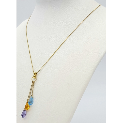 369 - A Stunning 9 Carat Yellow Gold Topaz, Citrine and Amethyst Pendant Necklace.42cm Chain, Pendant drop... 