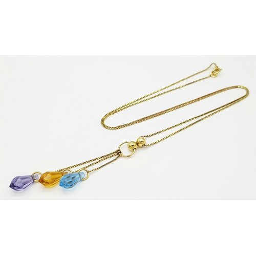 369 - A Stunning 9 Carat Yellow Gold Topaz, Citrine and Amethyst Pendant Necklace.42cm Chain, Pendant drop... 