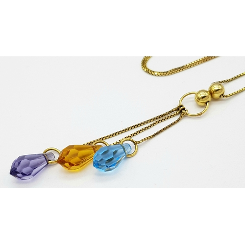 369 - A Stunning 9 Carat Yellow Gold Topaz, Citrine and Amethyst Pendant Necklace.42cm Chain, Pendant drop... 