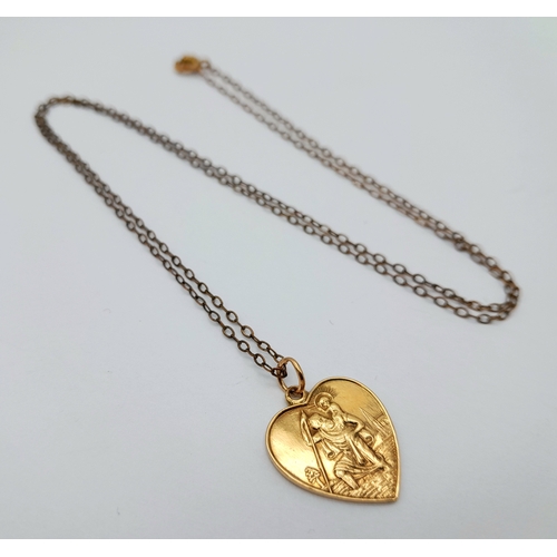 383 - A Vintage 9 Carat Yellow Gold Asprey & Co. Heart Shape St. Christopher Pendant Necklace-50cm Length ... 