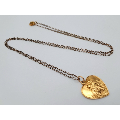 383 - A Vintage 9 Carat Yellow Gold Asprey & Co. Heart Shape St. Christopher Pendant Necklace-50cm Length ... 